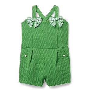 🤍 Janie and Jack Green Quilted Gingham Bow Romper with Matching Socks